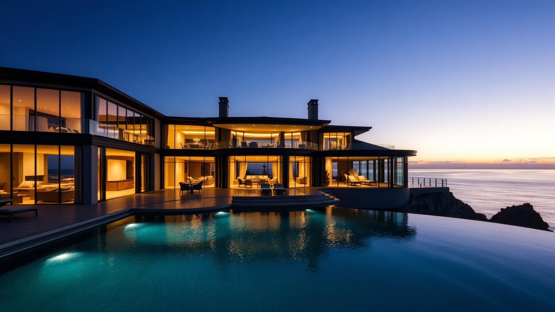 Luxury oceanfront estate at dusk